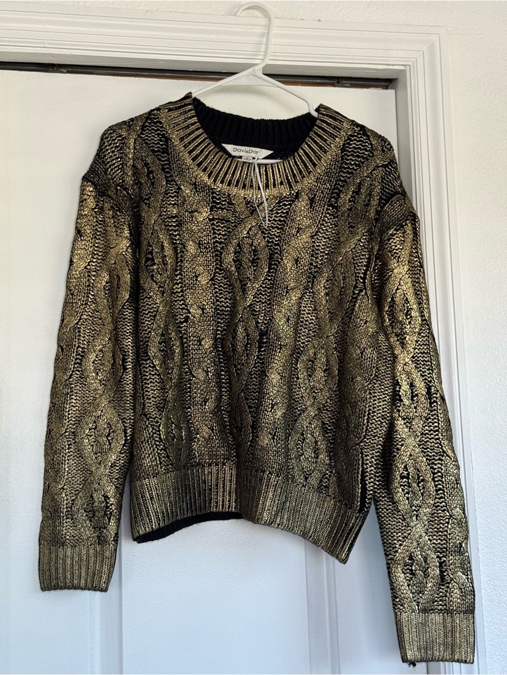 Metallic Gold Cable Crewneck Sweater